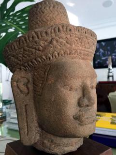 Antique Carved Khmer Stone Head on Wood Stand - 94738