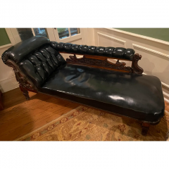 Antique Carved Mahogany Black Leather Chaise Lounge W Dragon Motif - 2829871
