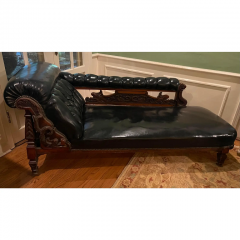 Antique Carved Mahogany Black Leather Chaise Lounge W Dragon Motif - 2829895
