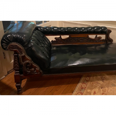 Antique Carved Mahogany Black Leather Chaise Lounge W Dragon Motif - 2829907