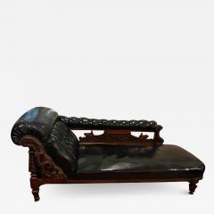 Antique Carved Mahogany Black Leather Chaise Lounge W Dragon Motif - 2839518