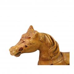 Antique Carved Raw Wood Carousel Horse Mounted on Metal Stand - 4712513