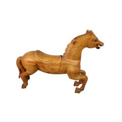 Antique Carved Raw Wood Carousel Horse Mounted on Metal Stand - 4712514