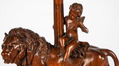 Antique Carved Wood Treen Sculpture of Cherub Riding a Lion Now a Table Lamp - 2916120