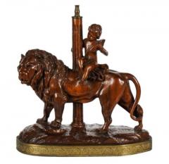 Antique Carved Wood Treen Sculpture of Cherub Riding a Lion Now a Table Lamp - 2916121