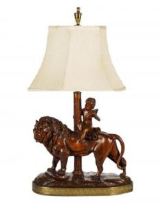 Antique Carved Wood Treen Sculpture of Cherub Riding a Lion Now a Table Lamp - 2916126