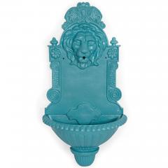 Antique Cast Iron Wall Mounted Teal Painted Garden Fountain with Lion Mask - 4502646