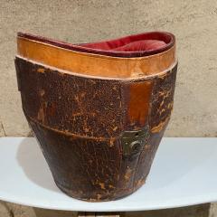 Antique Catchall Bucket in Distressed Leather and Red Silk 1800s - 2623613