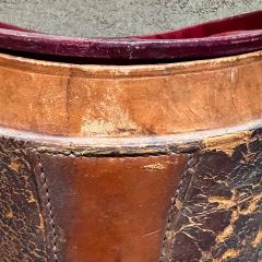 Antique Catchall Bucket in Distressed Leather and Red Silk 1800s - 2623618