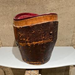 Antique Catchall Bucket in Distressed Leather and Red Silk 1800s - 2623619