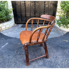 Antique Child s Windsor Barrel Chair With Leather Seat - 2829947