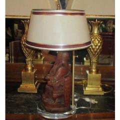 Antique Chinese Carved Wood Buddha Sculpture Lamp W Custom Shade - 1705648