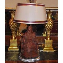 Antique Chinese Carved Wood Buddha Sculpture Lamp W Custom Shade - 1705649