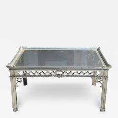 Antique Chinese Chippendale Silver Cocktail Table W Blue Mirror Top - 3527799