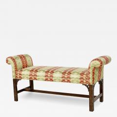 Antique Chinese Chippendale Style Upholstered Mahogany Roll Arm Bench - 3940238