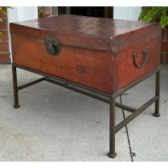 Antique Chinese Leather Trunk on Stand Now a Designer Table - 3493163