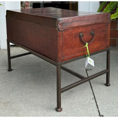 Antique Chinese Leather Trunk on Stand Now a Designer Table - 3493165
