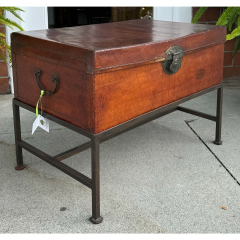 Antique Chinese Leather Trunk on Stand Now a Designer Table - 3493177