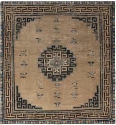 Antique Chinese Mongolian Beige Dark Brown and Teal Handwoven Wool Rug - 2460884