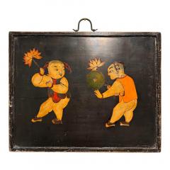 Antique Chinese Oil Painting on Black Lacquered Board - 3820705