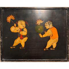 Antique Chinese Oil Painting on Black Lacquered Board - 3820706