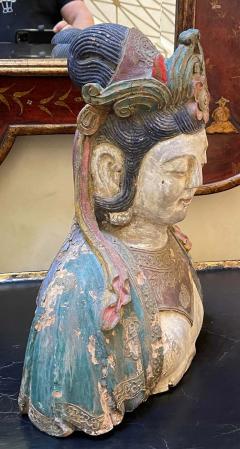 Antique Chinese Polychrome Decorated Carved Wood Bust - 2824680