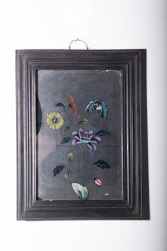 Antique Chinese reverse glass painting with flowers and butterflies - 3821676