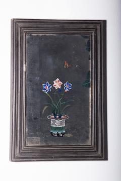 Antique Chinese reverse glass painting with lotus blossoms - 3821639