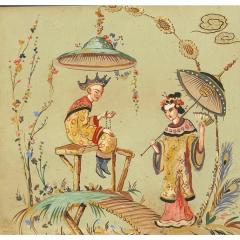 Antique Chinoiserie Gouache Painting of Chinese Couple in Art Deco Frame - 4446523