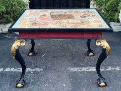 Antique Chippendale Ball Claw Foot Table W Hand Painted Engraving W Dog - 3234748