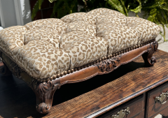 Antique Chippendale Mahogany Tufted Cheetah Velvet Footstool - 3575549