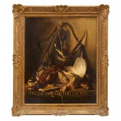 Antique Continental School still life oil painting w grouse hunting equipment - 4409158