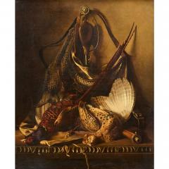 Antique Continental School still life oil painting w grouse hunting equipment - 4409174