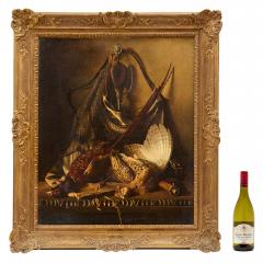 Antique Continental School still life oil painting w grouse hunting equipment - 4409179