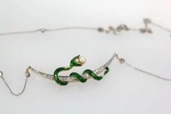 Antique Diamond Crescent Enamel Snake with Pearl on Diamond Chain - 3451395