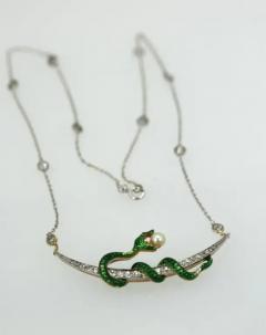 Antique Diamond Crescent Enamel Snake with Pearl on Diamond Chain - 3451403