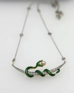 Antique Diamond Crescent Enamel Snake with Pearl on Diamond Chain - 3451405