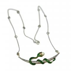 Antique Diamond Crescent Enamel Snake with Pearl on Diamond Chain - 3528001