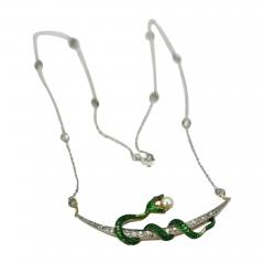 Antique Diamond Crescent Enamel Snake with Pearl on Diamond Chain - 3572113