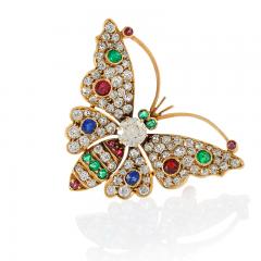 Antique Diamond Emerald Ruby Sapphire and Gold Butterfly Brooch - 888272