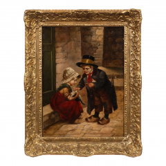 Antique Dutch Style Oil Painting of Children With a Cat by H Sellin - 4117861
