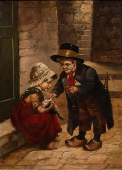 Antique Dutch Style Oil Painting of Children With a Cat by H Sellin - 4120298