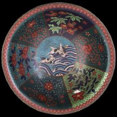 Antique Early Meiji Japanese Cloisonne Enamel Bowl with Rabbits In Waves - 3903650