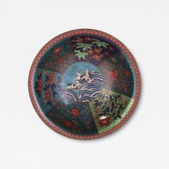 Antique Early Meiji Japanese Cloisonne Enamel Bowl with Rabbits In Waves - 3931354