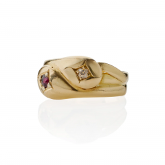 Antique English 18K Gold Diamond and Ruby Double Snake Ring - 3949810