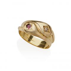 Antique English 18K Gold Diamond and Ruby Double Snake Ring - 3949812