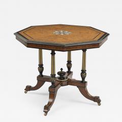 Antique English Burl Elm Ebonized Inlaid Center Table Circa 1860 - 114466