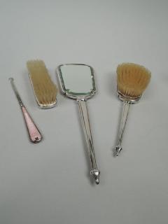 Antique English Edwardian Regency Sterling Silver Enamel Vanity Set - 3748219