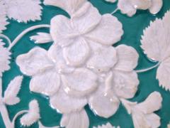 Antique English Majolica Plate With Embossed White Geraniums Over Turquoise - 2448712