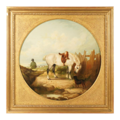 Antique English Oil Painting of a Horse and Dogs - 3368160